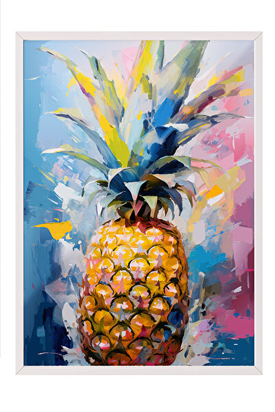 Zestia Tablou înrămat alb, Ilustrație colorată cu ananas tropical, Poster dec...