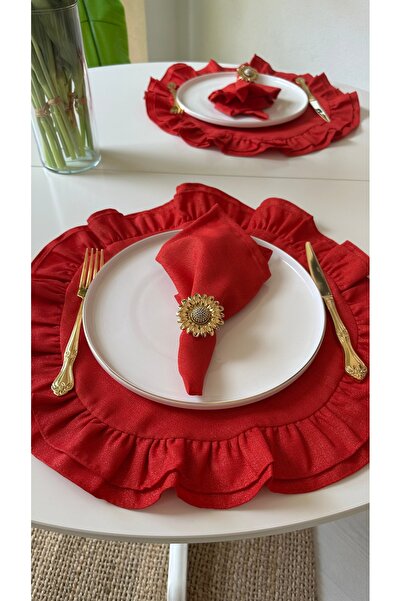 Decamor home Set of 2 Glittery Red Ruffled Round American Placemats