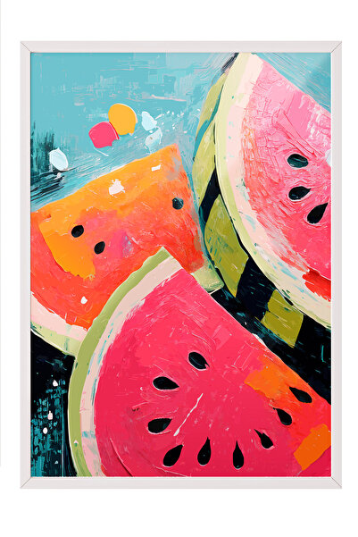 Zestia Tablou înrămat alb, felii de pepene verde în stil acuarelă, poster dec...