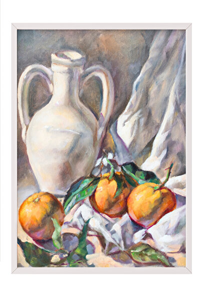 Zestia Tablou cu ramă albă, Pictură cu natură moartă cu fructe și ulcior, Pos...