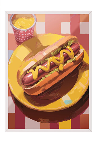 Zestia Tablou înrămat alb, Ilustrație Hot Dog, Poster decorativ pentru bucătă...