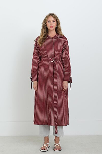 Puane Women's Belted Striped Tunic Shirt-10701Tun - Burgundy