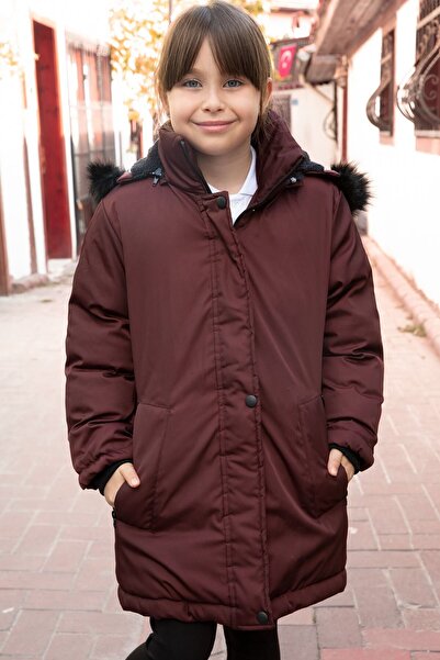 Cansın Mini Burgundy Fur Lined Detachable Hooded Girl's Coat 21550