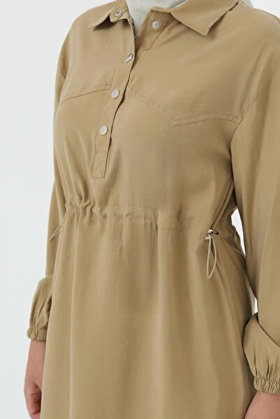 Loreen Women's Gathered Waist Polo Neck Dress – 20693Elb - Olive Green