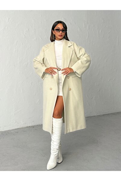 BEJNA Women's Cream Buttoned Soft Textured Cashmere Coat