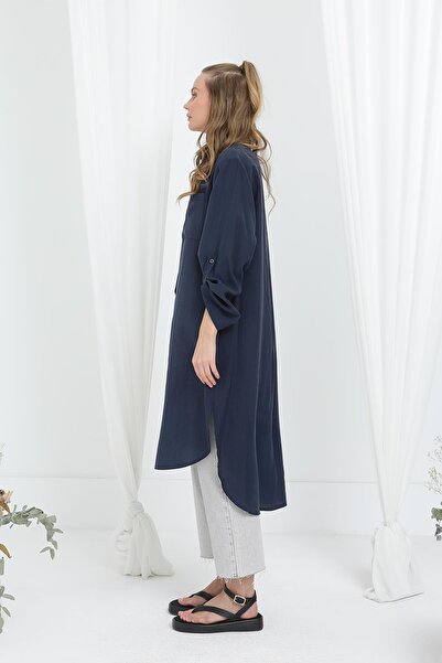 Puane Women's Long Shirt Tunic with Epaulettes on the Sleeves - 10685Tun - Navy