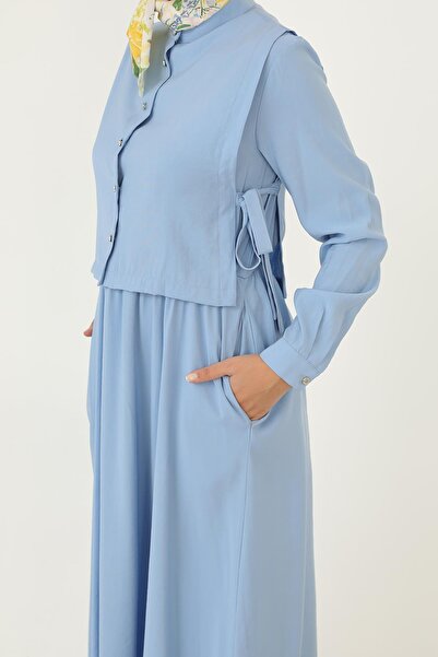 Loreen Women's Minimal Buttoned Belted Long Sleeve Maxi Dress-20691Elb - Blue