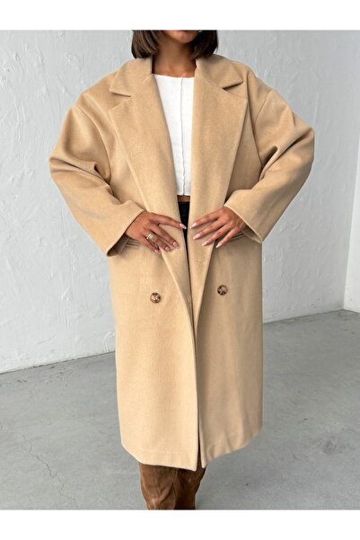 BEJNA Women's Camel Buttoned Soft Textured Cashmere Coat