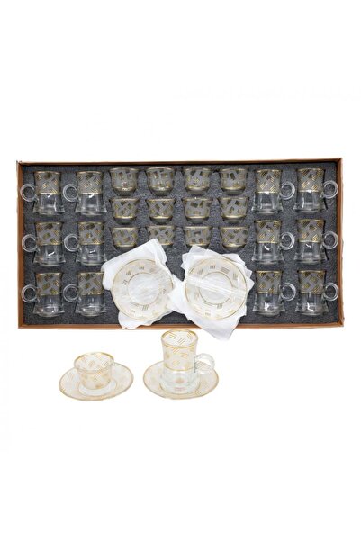 Generic Tea Cup and Coffee Mug Set with Saucers, 36 Pieces, Transparent with Golden Design