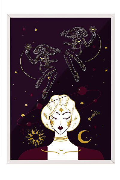 Zestia Tablou cu ramă albă, ilustrație cu zodiac și figură feminină, poster d...