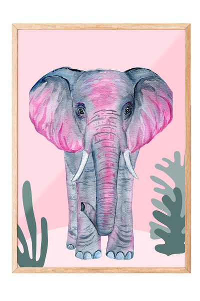 Zestia Tablou cu ramă din lemn, ilustrație tropicală cu elefant roz, poster d...