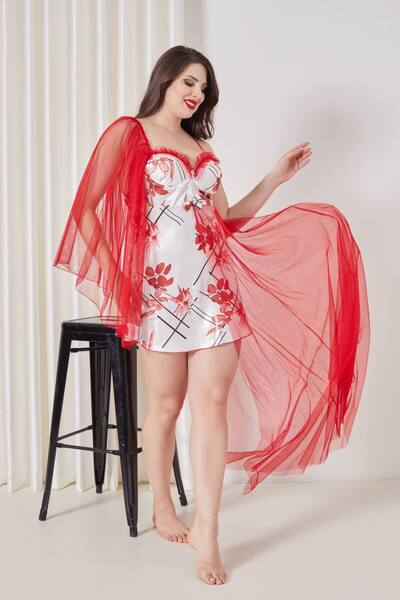 Lama Lingerie فستان نوم طويل من الساتان والتول للنساء