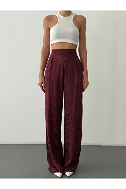 Myra Leopard Patterned Satin Trousers-Burgundy