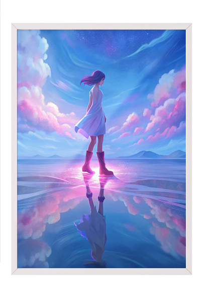 Zestia Tablou înrămat alb, design digital Fată care merge pe cer, poster deco...