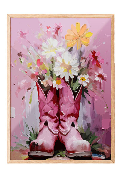 Zestia Tablou cu ramă din lemn, flori roz și siluetă feminină, poster decorat...