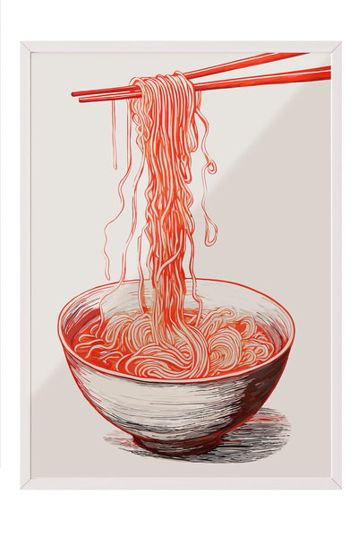 Zestia Tablou cu ramă albă, ilustrație cu bol roșu de ramen, poster decorativ...