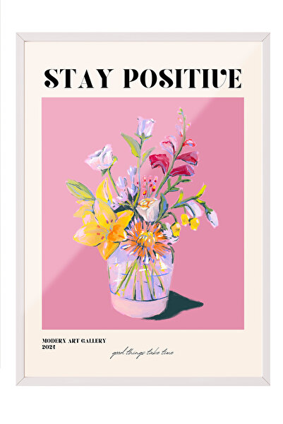 Zestia Tablou cu ramă albă, tipografie florală „Rămâi pozitiv”, poster decora...