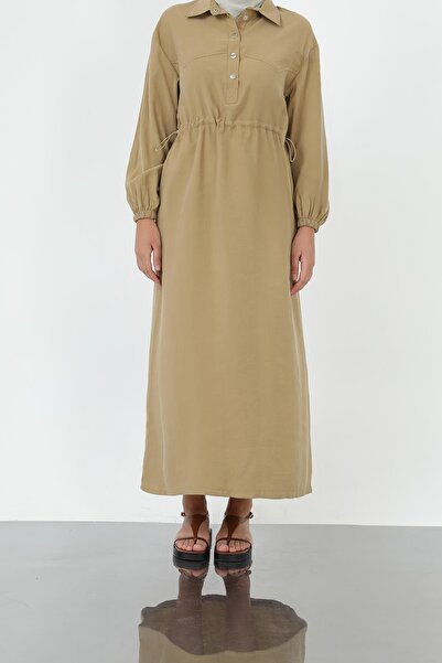 Loreen Women's Gathered Waist Polo Neck Dress – 20693Elb - Olive Green