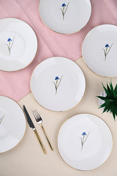 tabakevi Tabak Evi Porcelain Natura Iris Gold Gilded Cake Plate 20.50cm Set of 6