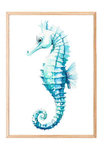 Zestia Tablou cu ramă din lemn, ilustrație cu căluți de mare albaștri, poster...