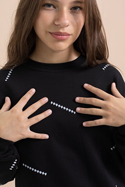 Cansın Mini Μαύρο κοριτσίστικο σετ φόρμας με σχέδιο 3 νήματα με φαρδύ πόδι 22642