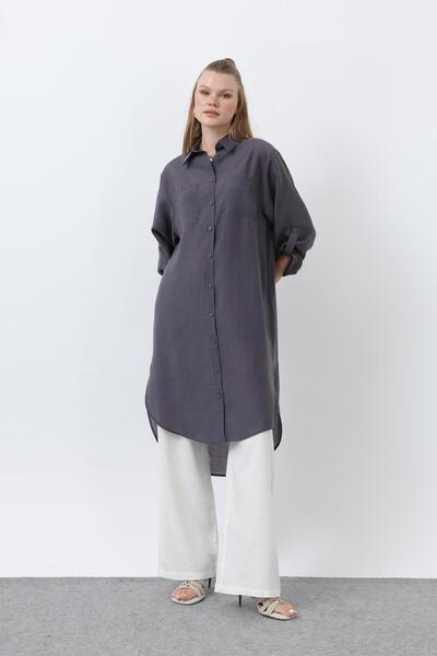 Puane Women's Long Shirt Tunic with Epaulettes on the Sleeves - 10685Tun - Antracite