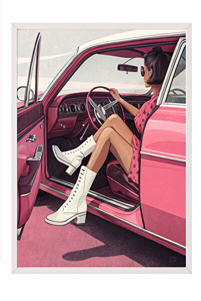 Zestia Tablou cu ramă albă, mașină retro roz și femeie, poster decorativ pent...