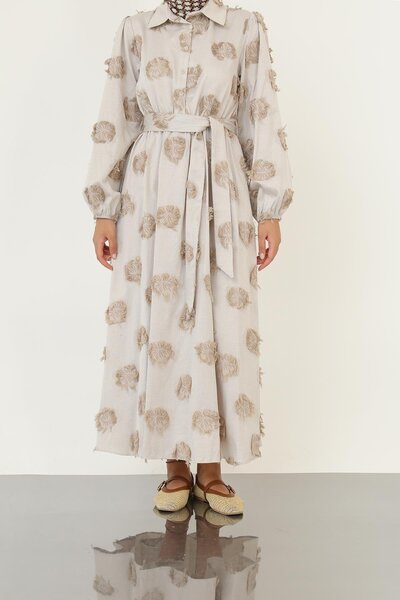 Loreen Women's 3D Floral Patterned Belted Maxi Dress -20695Elb - Mink