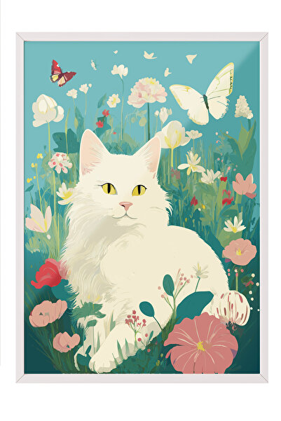 Zestia Tablou cu ramă albă, Pisică drăguță în primăvară cu flori, Poster deco...