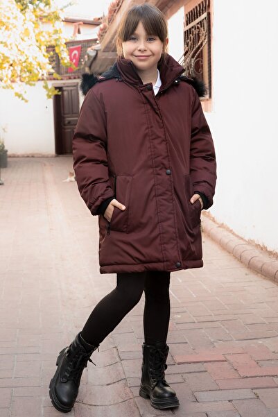 Cansın Mini Burgundy Fur Lined Detachable Hooded Girl's Coat 21550