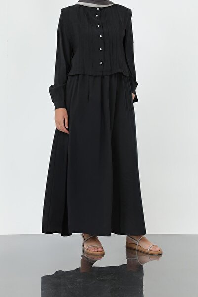 Loreen Women's Pleated Detailed Buttoned Front Dress – 20692Elb - Black