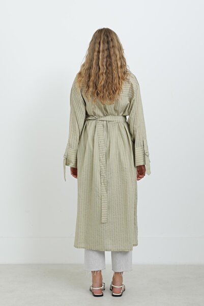 Puane Women's Belted Striped Tunic Shirt-10701Tun - Almond Green