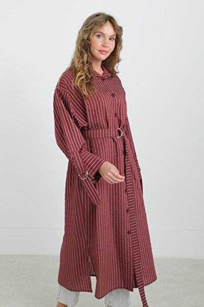 Puane Women's Belted Striped Tunic Shirt-10701Tun - Burgundy