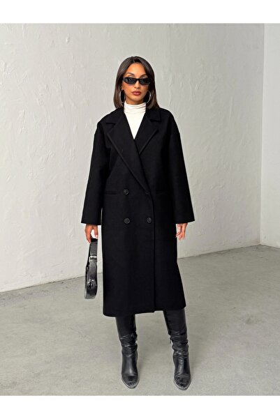 BEJNA Women's Black Buttoned Soft Textured Cashmere Coat