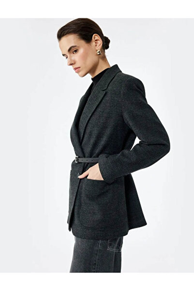 Koton cu două rânduri de nasturi Jachetă blazer neagră în carouri pentru feme...