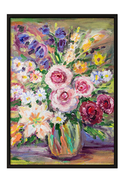 Zestia Εικόνα με μαύρο πλαίσιο, λουλούδια σε χρωματιστό βάζο, διακόσμηση σαλο...