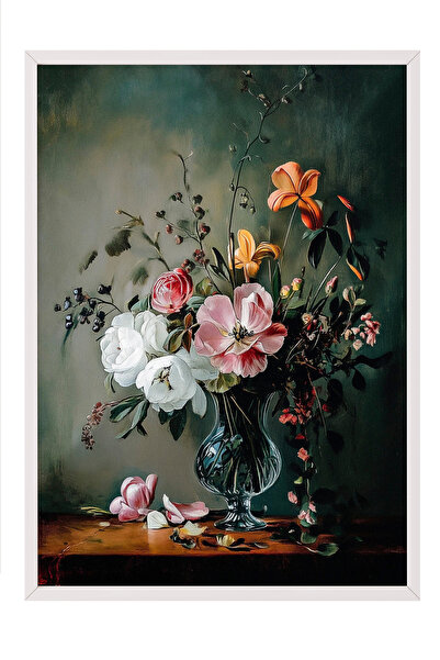 Zestia Tablou cu ramă albă, model floral elegant pe fundal negru, poster deco...