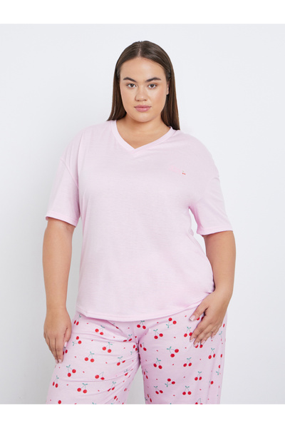 Styli Plus Cherry Print V Neck T-Shirt and Pyjama Set