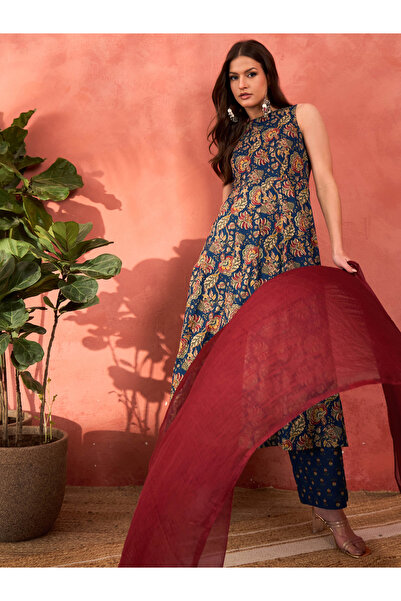 Sassafras By Styli Navy Floral Sleeveless Kurta with Pencil Pants and Dupatta Set