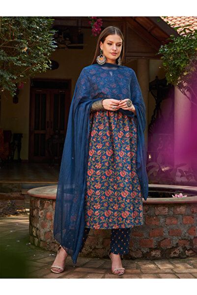 Sassafras By Styli Navy Floral Front Dori Gathered Kurta with Pencil Pants and Dupatta Set