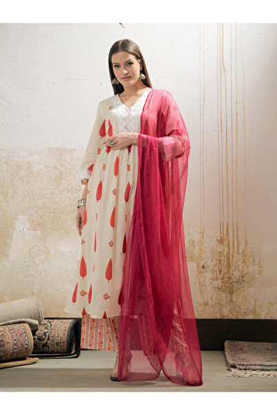 Sassafras By Styli White and Red Floral Gathered Kurta with Pencil Pants and Dupatta Set