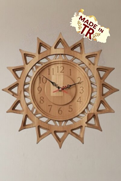 Ayd ahşap Ahşap Duvar Saati 38 cm – Sessiz Akar Mekanizma – Dekoratif Güneş Modeli