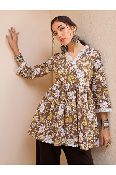 Sassafras By Styli Brown Floral Cambric Wrap Peplum Kurti