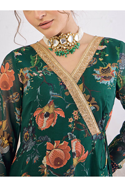 Sassafras By Styli Green Floral Print Wrap Anarkali Kurta