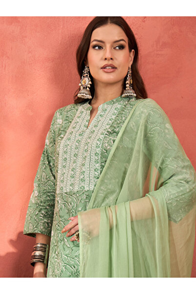 Sassafras By Styli Green Floral Straight Kurta with Pencil Pants and Dupatta Set