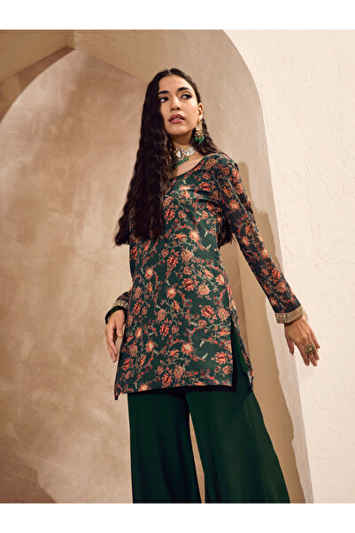 Sassafras By Styli Green Floral Print Kurta and Palazzo Pants Set