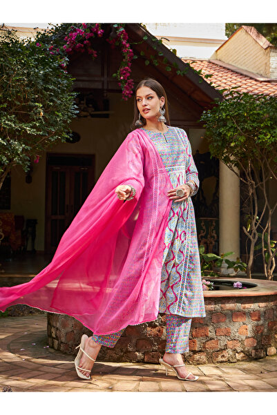 Sassafras By Styli Pink and Blue Floral Anarkali Kurta with Pencil Pants and Dupatta Set