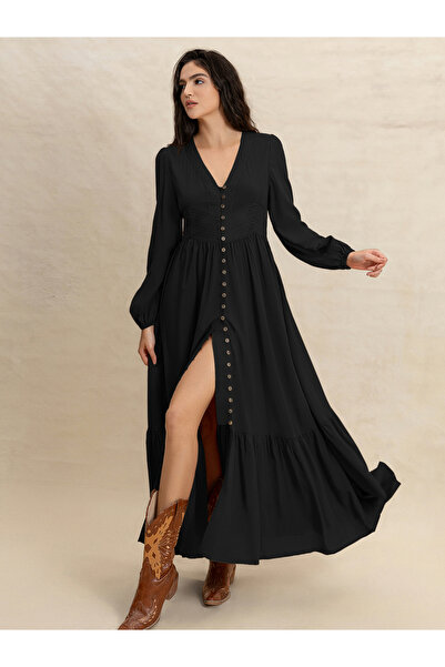 Styli Women Black Maxi Dress with Button Loop
