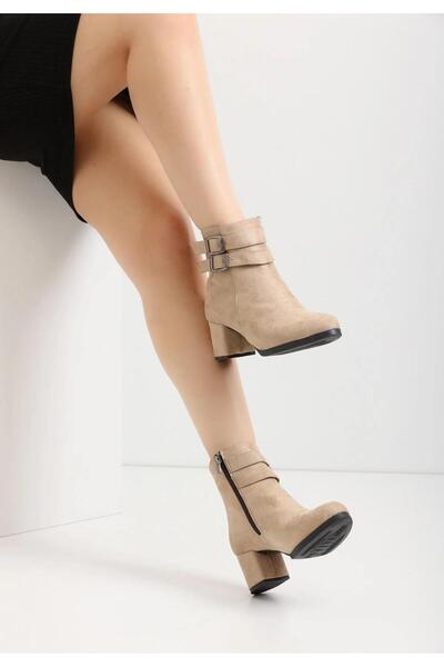 beelleshoe BELLE SHOE Kadın HEMERA bej Süet Çift Tokalı Kısa Bot