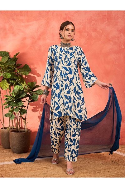 Sassafras By Styli White and Blue Floral Rayon Kurta with Salwar and Dupatta Set